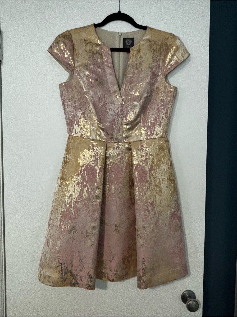 Vince Camuto Pink and Gold Metallic Fit-and-Flare Dress